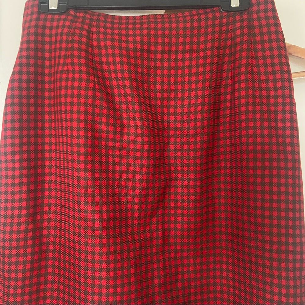 Vintage Check Red and Olive Wool Midi Skirt - Size 10 - old money, academia
